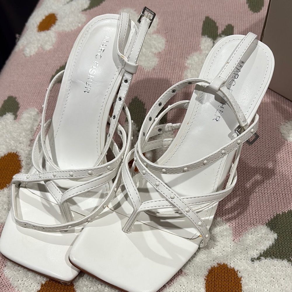 Marc Fisher White Stiletto Heels with Strappy Design